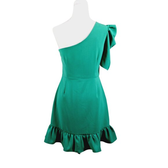 glam, Medium One Shoulder Green Mini Dress, Ruffle Bottom, Party Dress, Cocktail - Picture 5 of 16